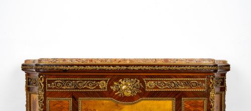 fig 4. An antique French Louis XV revival side cabinet featuring hand-painted Vernis Martin panels, gilt-bronze mounts, and a shaped marble top.