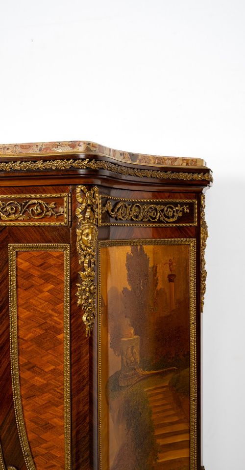 fig 5. An antique French Louis XV revival side cabinet featuring hand-painted Vernis Martin panels, gilt-bronze mounts, and a shaped marble top.