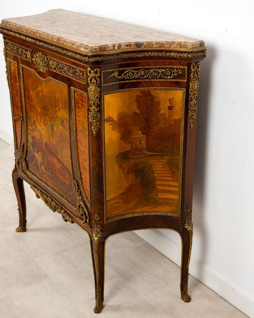 fig 6. An antique French Louis XV revival side cabinet featuring hand-painted Vernis Martin panels, gilt-bronze mounts, and a shaped marble top.
