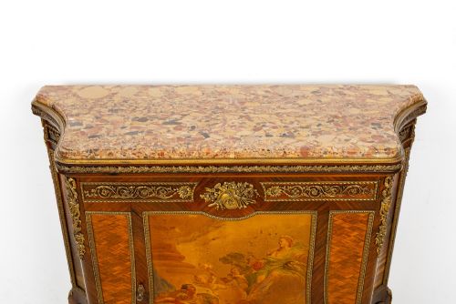 fig 8. An antique French Louis XV revival side cabinet featuring hand-painted Vernis Martin panels, gilt-bronze mounts, and a shaped marble top.