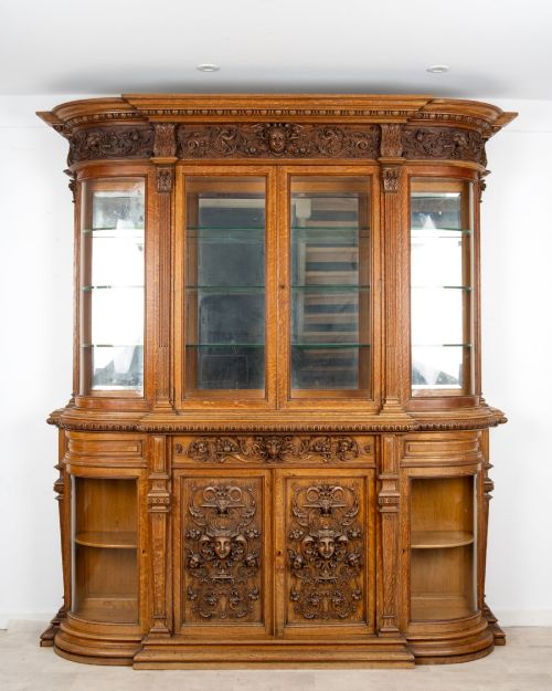 Monumental Victorian Carved Oak Display Cabinet with Hobbs & Co Locks, C.1890