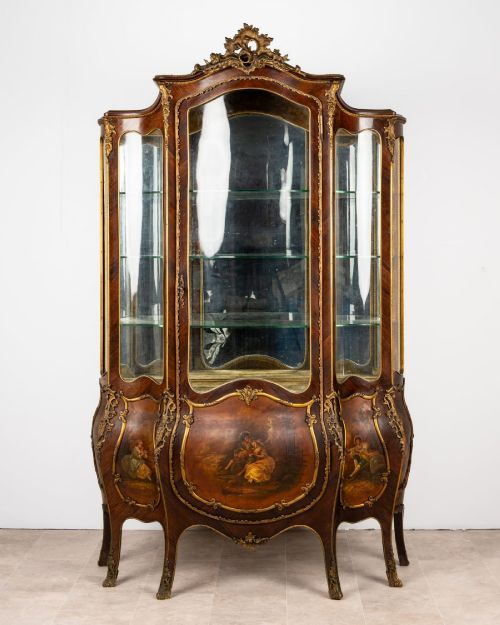 Antique French Louis XV Kingwood Vernis Martin Bombe Vitrine Display Cabinet