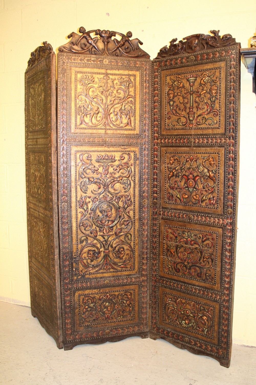 ANTIQUE WALNUT & LEATHER POLYCHROME PAINTED 3 FOLD SCREEN