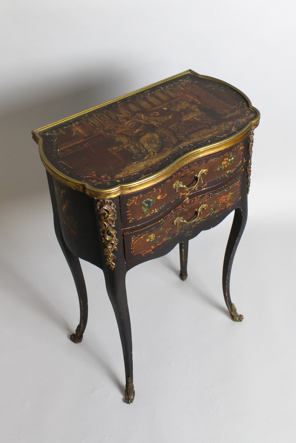A French Black Lacquered Painted & Ormolu Side Table Chest Bearing label By Louis Majorelle