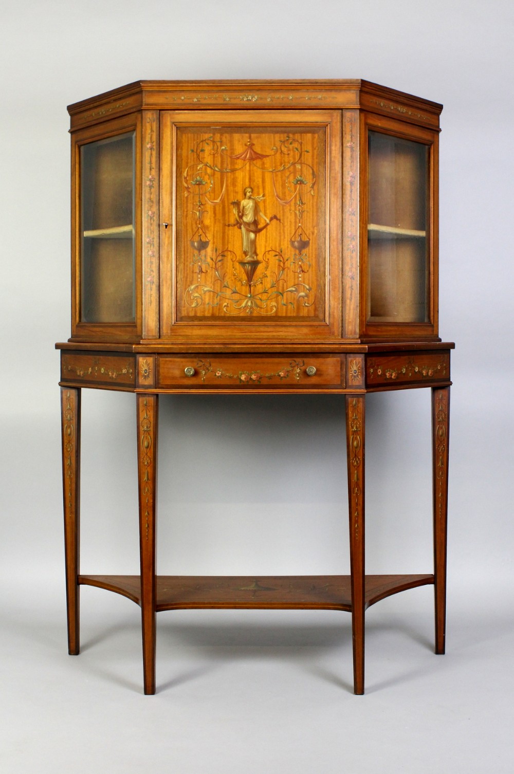 A Edwardian Satinwood Painted Cabinet On Stand