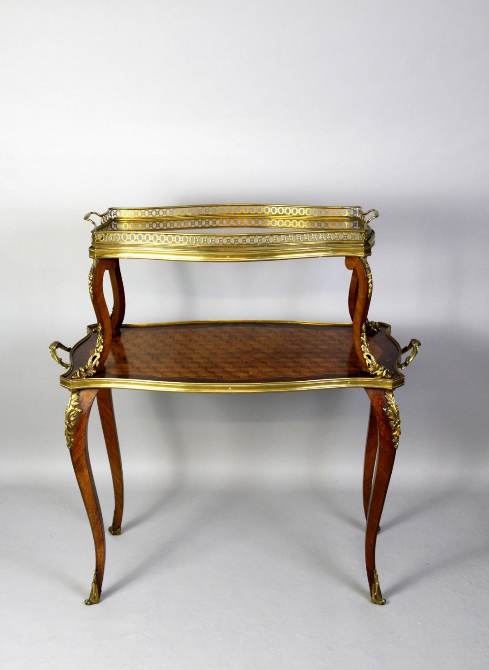 FRENCH ORMOLU MAHOGANY,SATINWOOD & PARQUETRY INLAID ETAGERE TRAY TABLE