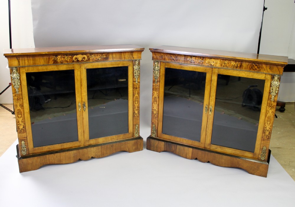 A 19TH CENTURY VICTORIAN BURR WALNUT & MARQUETRY PAIR OF PIER CABINETS 