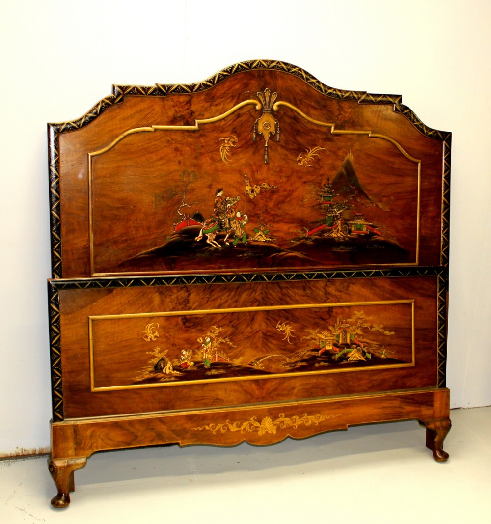 A SUPERB CHINOISERIE DECORATED AND BURR WALNUT DOUBLE BED BY MAPLE AND CO