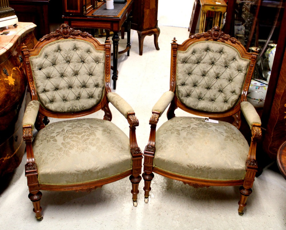 A Fine Quality Pair Of Carved Satinwood Arm Chairs 