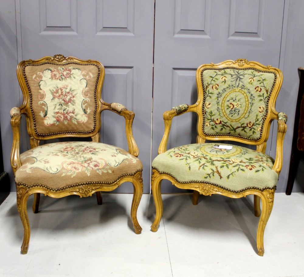 Two Pretty French Tapestry Upholstered Chairs In Beech