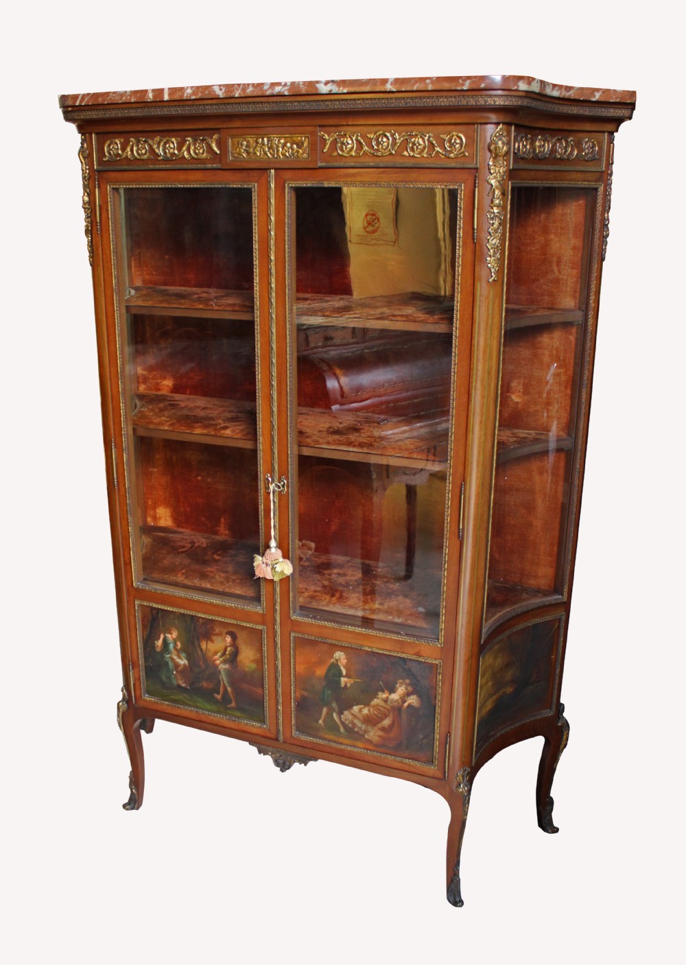 A FRENCH VERNIS MARTIN TWO DOOR VITRINE CABINET WITH MARBLE TOP