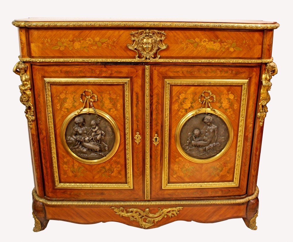 A SUPERB QUALITY FRENCH KINGWOOD AND FLORAL MARQUETRY INLAID SIDE CABINET 