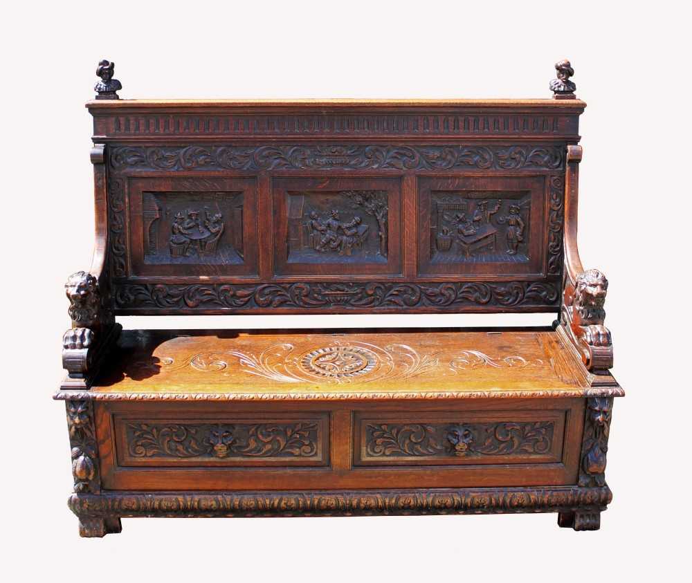 A VICTORIAN CARVED OAK SETTLE BENCH 
