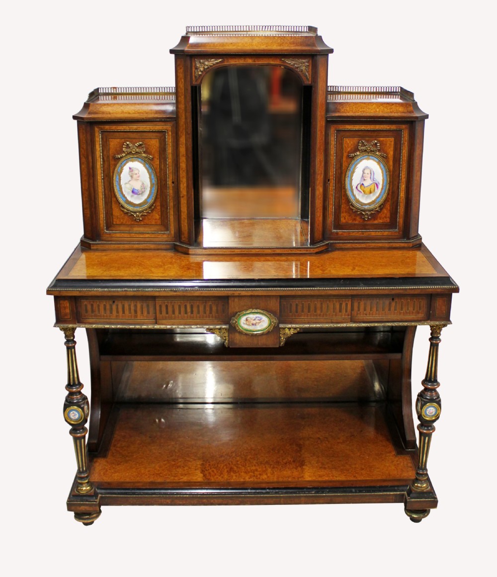 A Lovely Amboyna and Ebonised Bonheur Du Jour With Porcelain Plaques