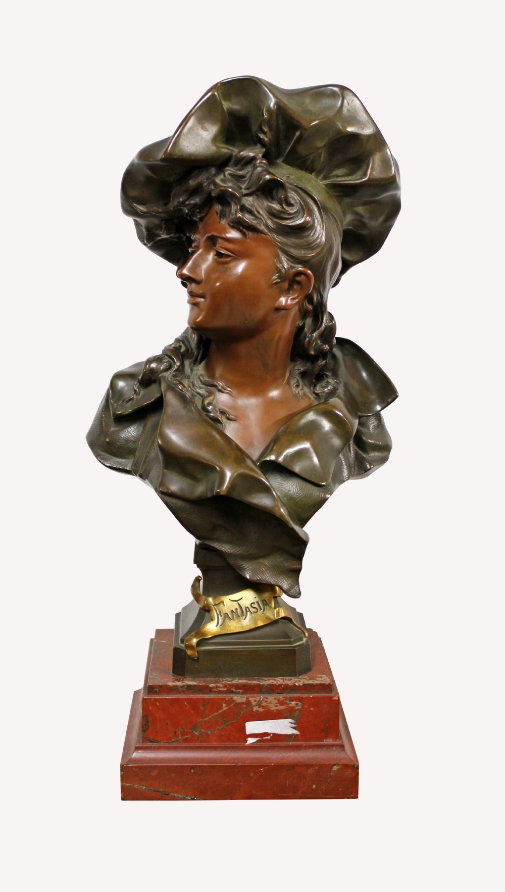 A WONDERFUL LARGE BRONZE FIGURE OF LADY ON MARBLE BASE MARKED FANTASIA