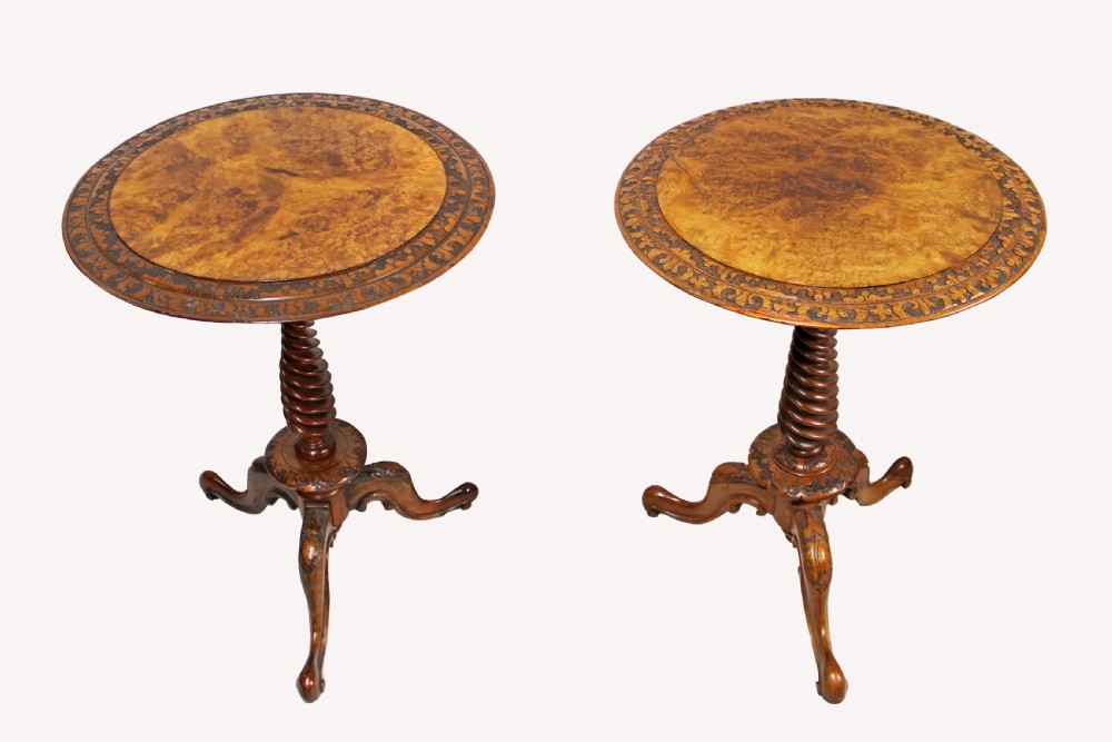 A BEAUTIFUL MATCHED PAIR OF VICTORIAN BURR WALNUT SIDE TABLES 