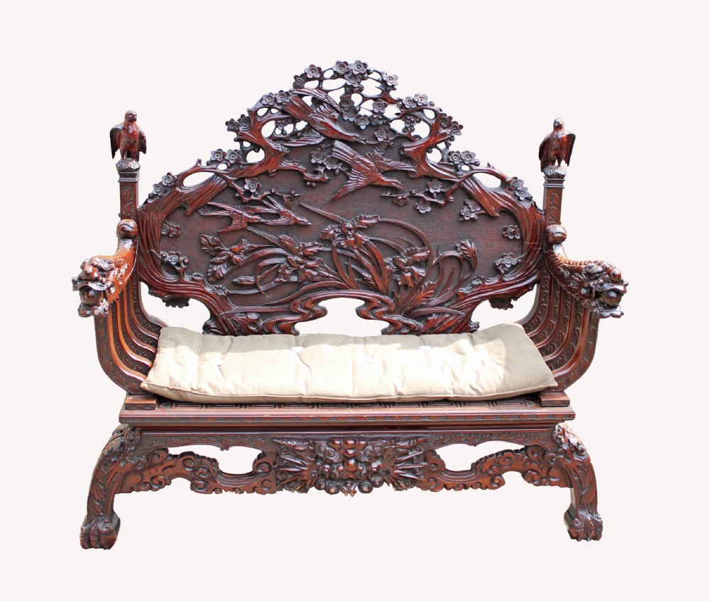 A CARVED HARDWOOD CHINESE BENCH 