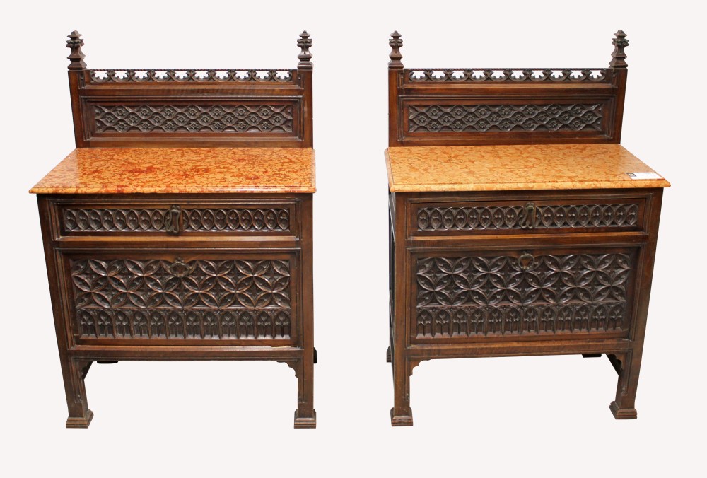 A PAIR OF WALNUT GOTHIC SIDE CABINETS WITH MARBLE TOP 