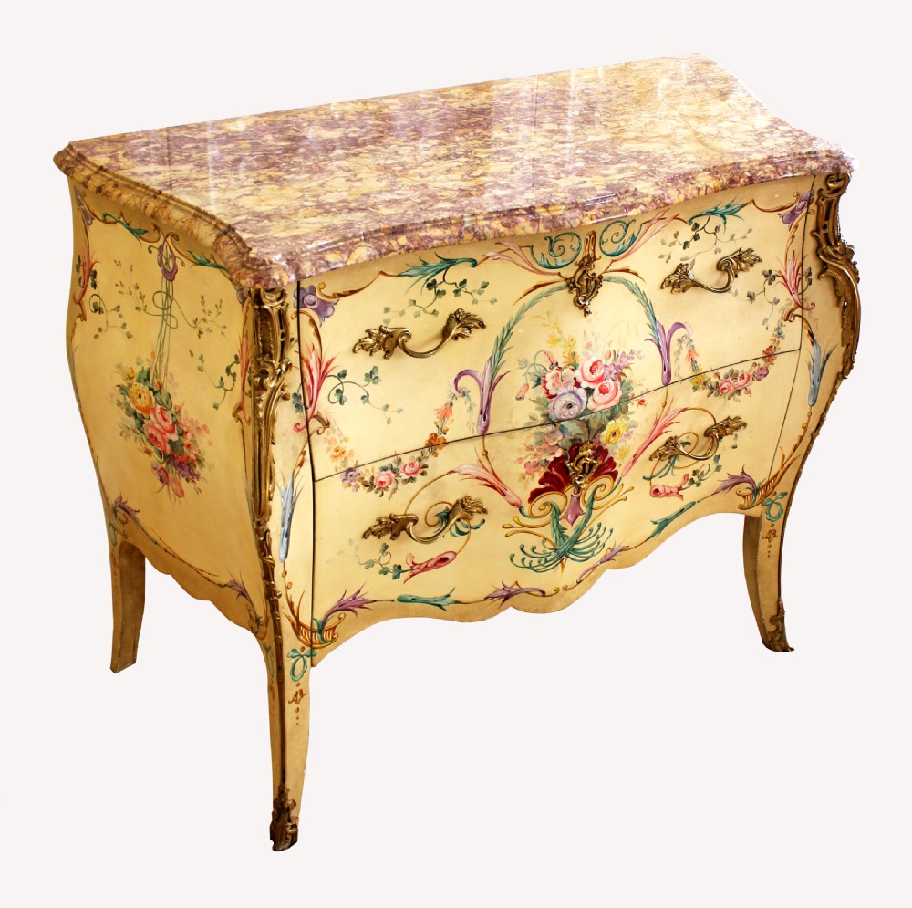 A BEAUTIFUL DECORATIVE PAINTED FRENCH MARBLE TOP COMMODE CHEST