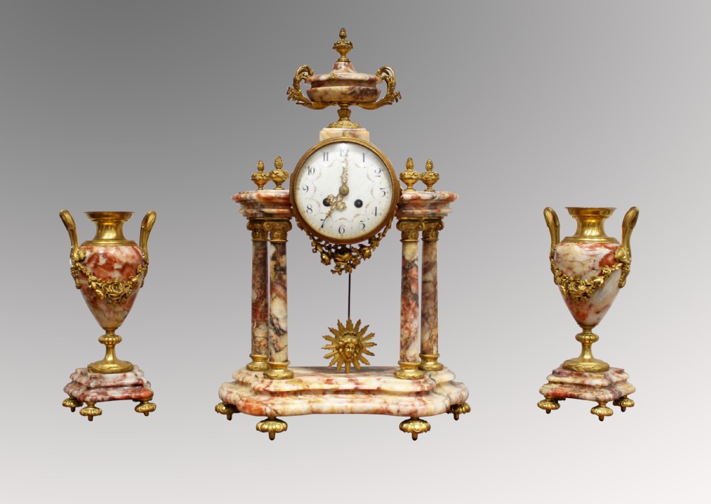 A BEAUTIFUL FRENCH MARBLE AND ORMOLU MANTLE CLOCK SET 