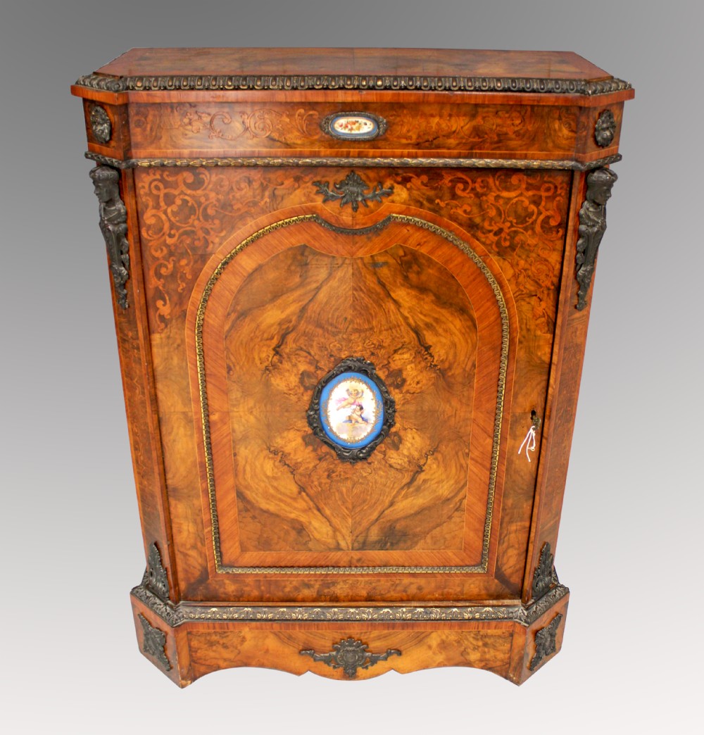 A LOVELY VICTORIAN WALNUT AND MARQUETRY INLAID SIDE CABINET WITH PORCELAIN PLAQUES
