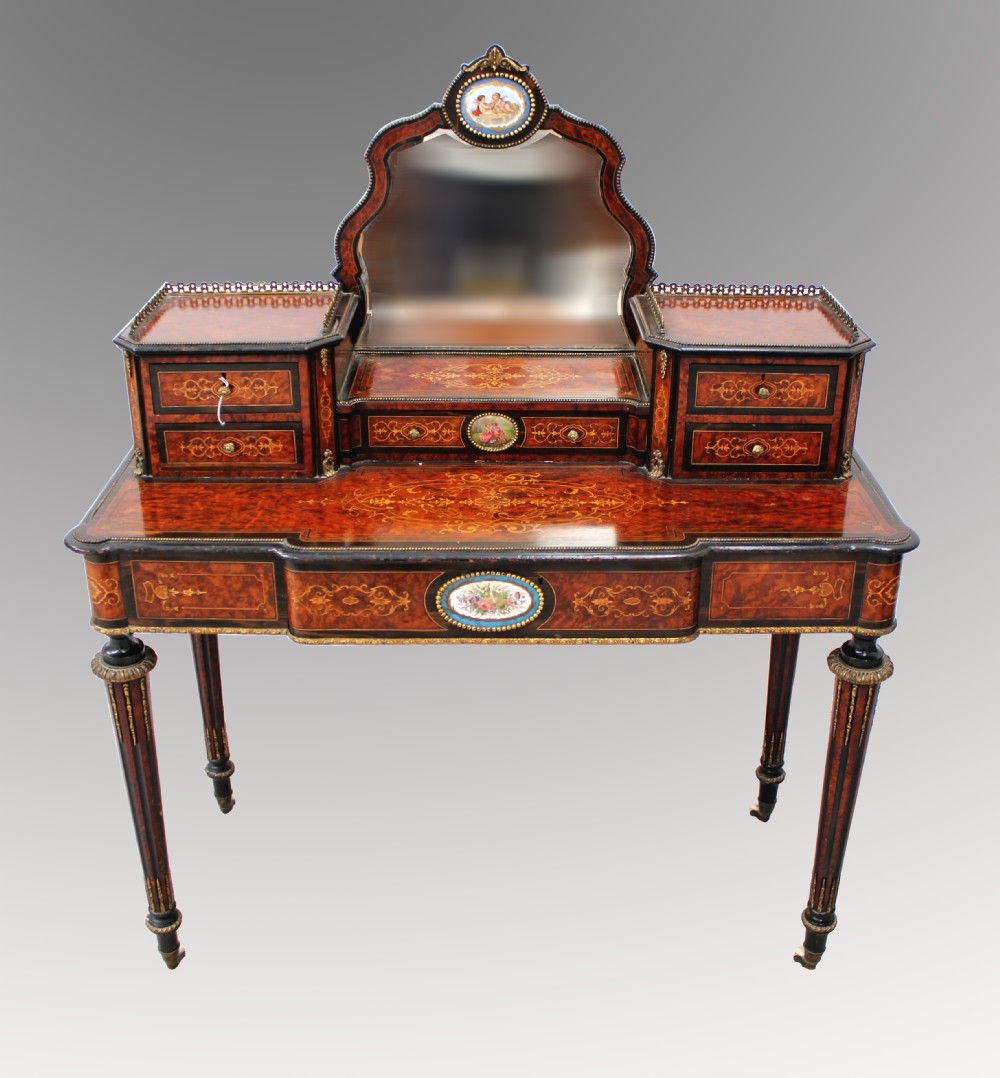 A FRENCH BURR WALNUT, EBONY AND INLAY BONHEUR DU JOUR WITH PORCELAIN PLAQUES 
