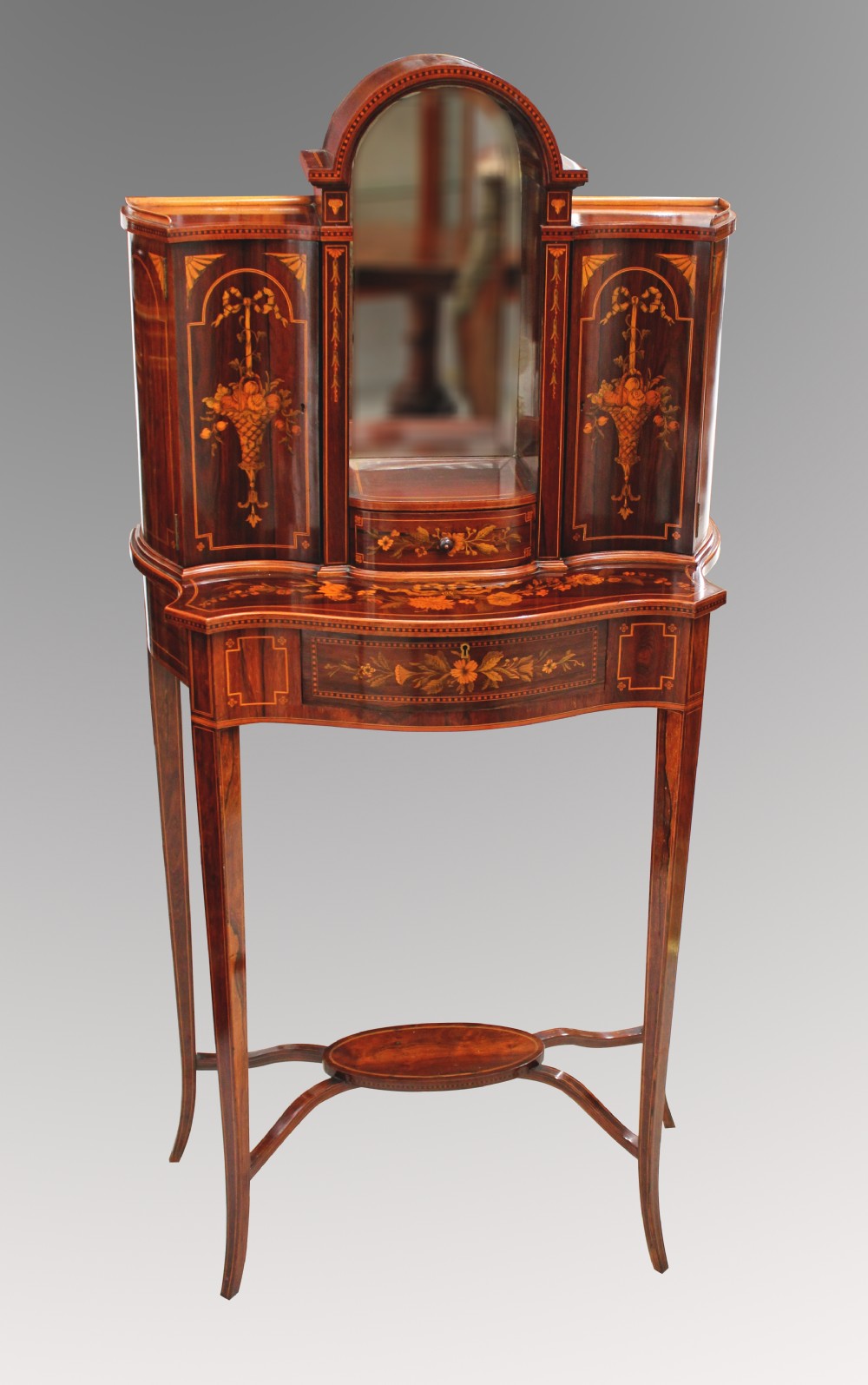 A VERY BEAUTIFUL PETITE 19TH CENTURY ROSEWOOD AND INLAID PARLOUR CABINET STAMPED HAMPTON & SONS 