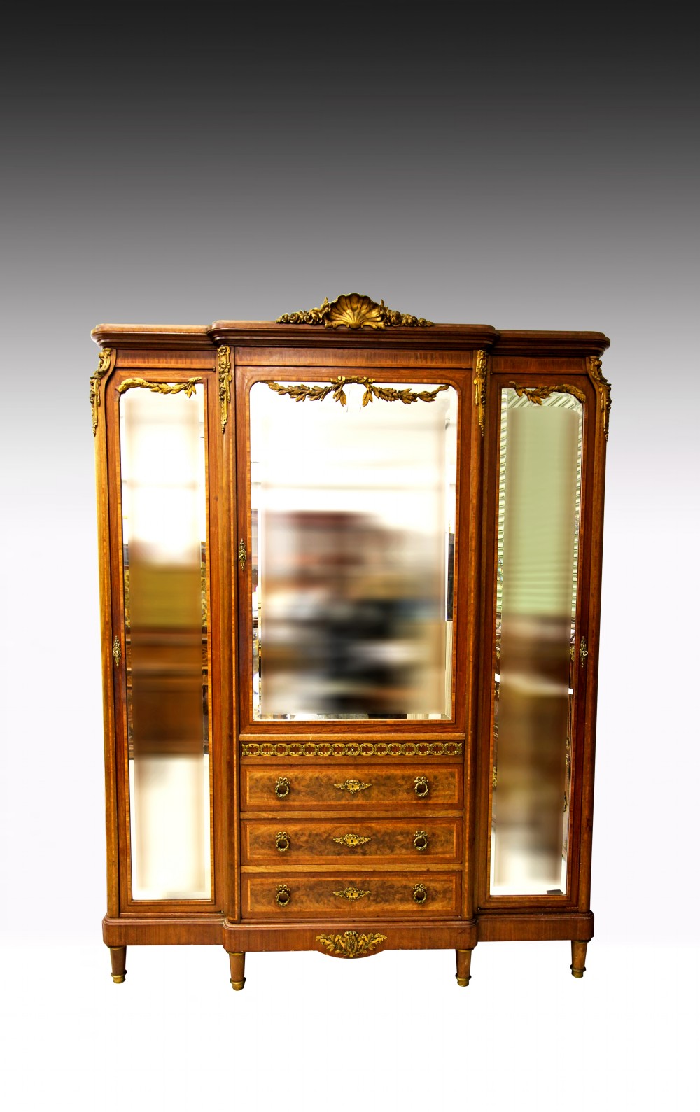 A 19TH CENTURY FRENCH MAHOGANY & TULIPWOOD BREAKFRONT SECRETAIRE WARDROBE 