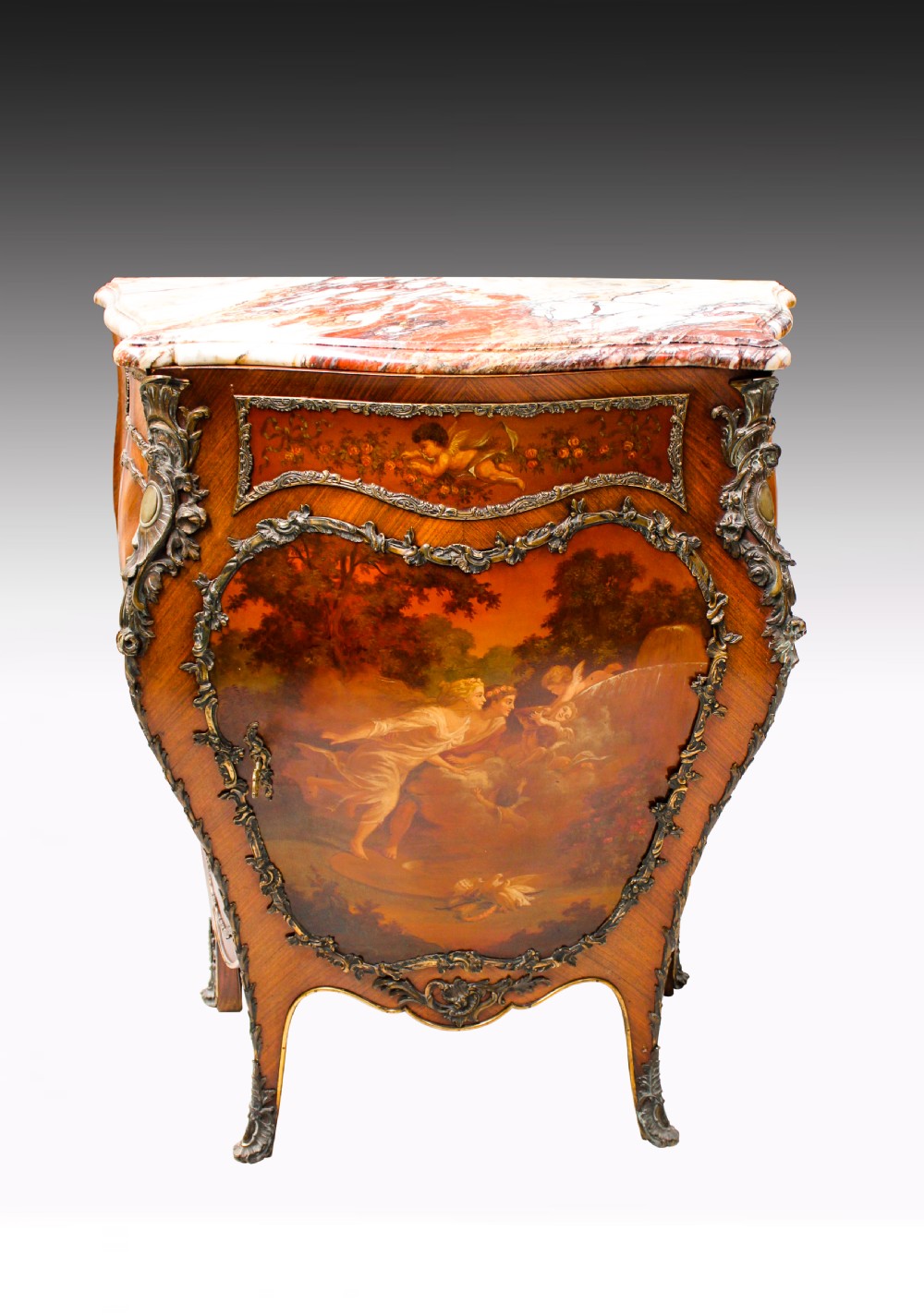 A BEAUTIFUL FRENCH KINGWOOD VERNIS MARTIN MARBLE TOP COMMODE