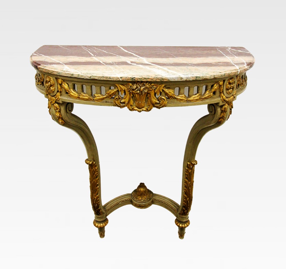 A DECORATIVE FRENCH PAINTED GILT WOOD MARBLE TOP CONSOLE TABLE