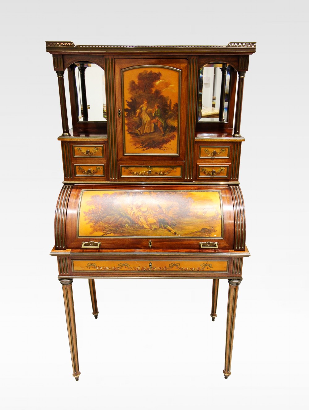 A QUALITY FRENCH MAHOGANY VERNIS MARTIN PAINTED BUREAU DE DAME WITH SUPER STRUCTURE SIGNED H LEBRUN 