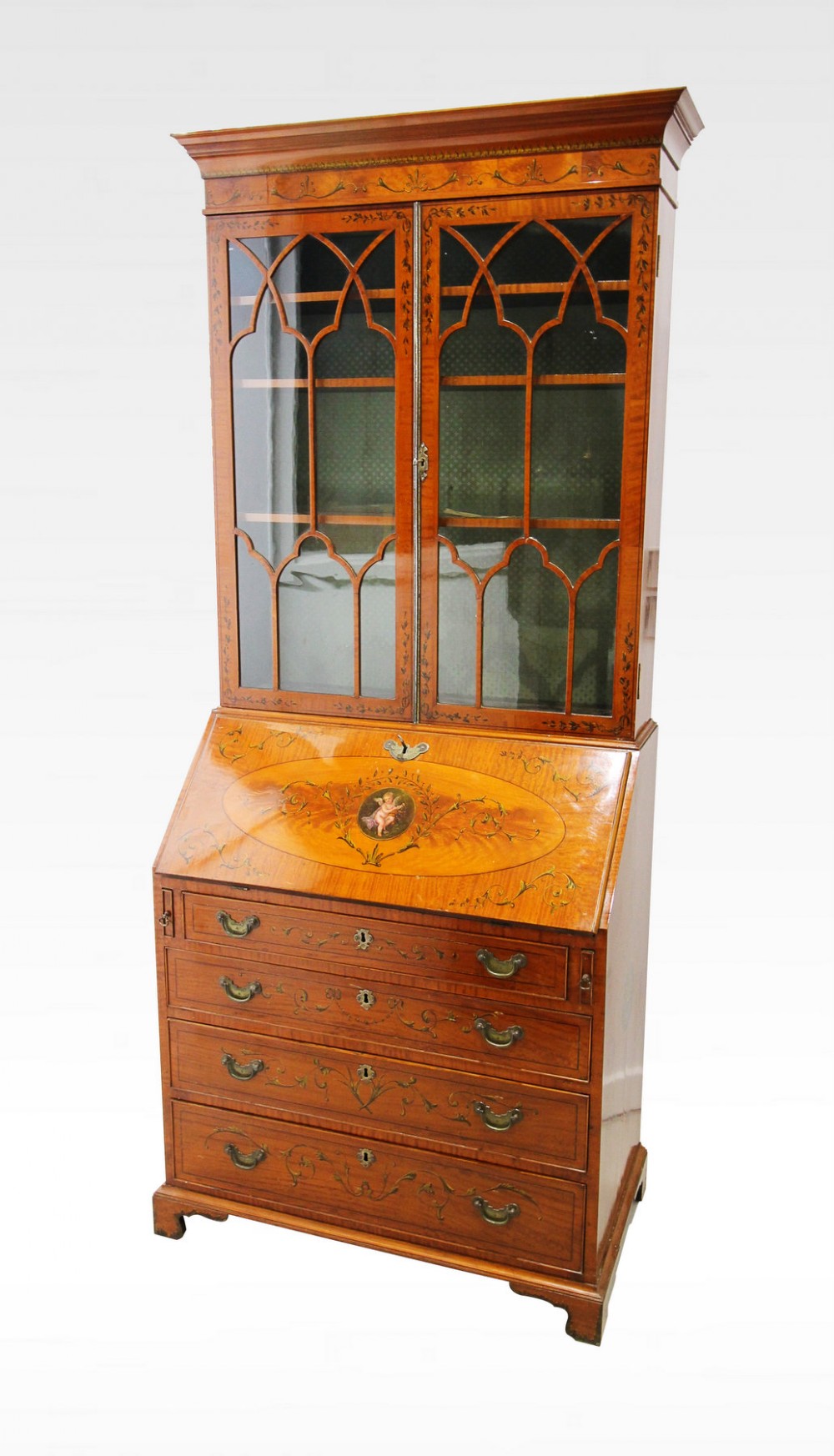 A BEAUTIFUL 19TH CENTURY SATINWOOD PAINTED BUREAU BOOKCASE 