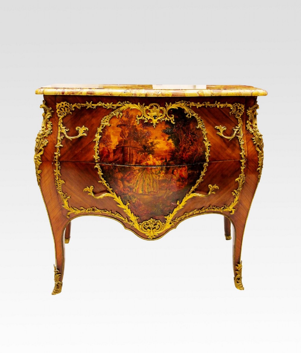 A FRENCH KINGWOOD VERNIS MARTIN MARBLE TOP COMMODE