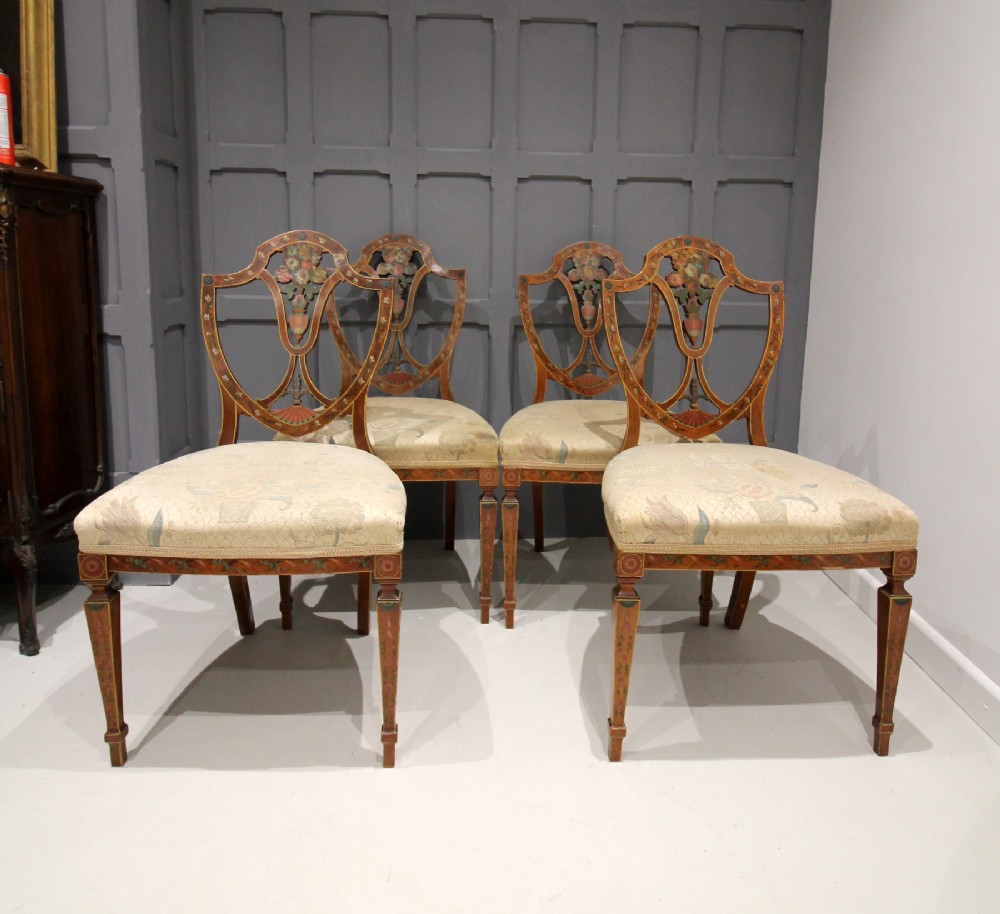 SET OF 6 19TH CENTURY SATINWOOD PAINTED CHAIRS IN THE SHERATON STYLE 