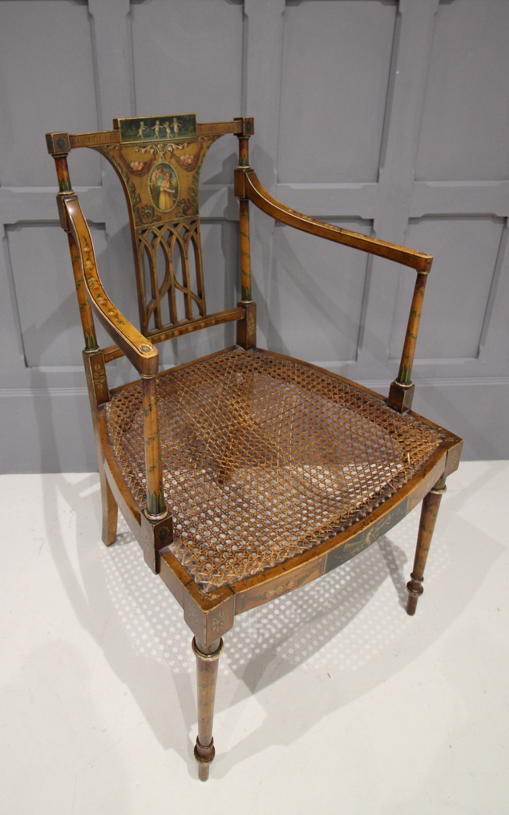 EDWARDIAN SHERATON REVIVAL SATINWOOD PAINTED ARM CHAIR 