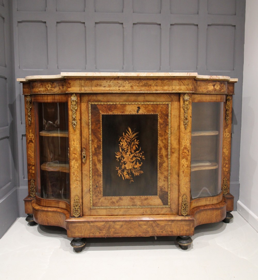 VICTORIAN WALNUT & MARQUETRY INLAID MARBLE TOP CREDENZA