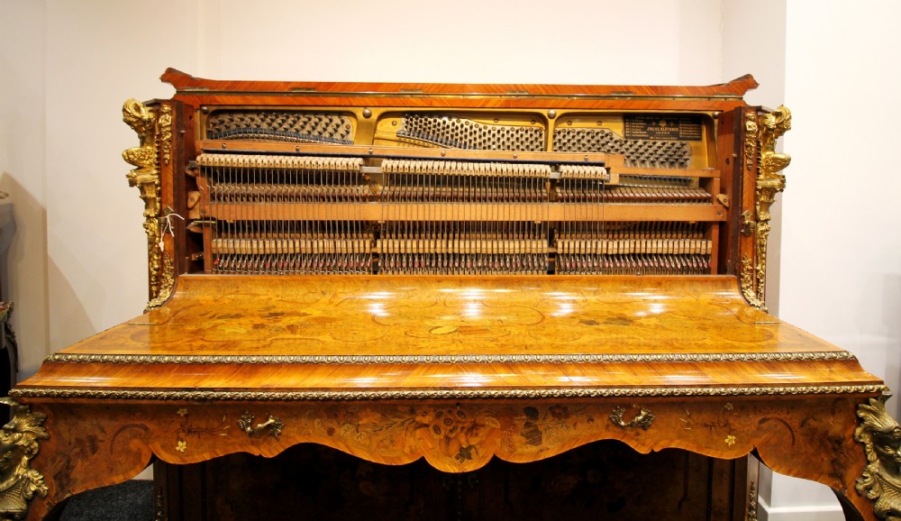 A STUNNING BURR WALNUT, MARQUETRY & ORMOLU MOUNTED UPRIGHT PIANO BY JULIUS BLUTHNER View V