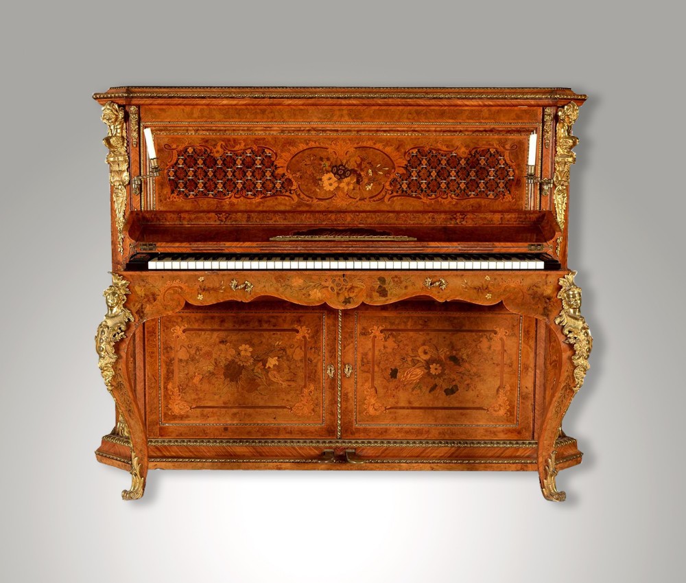 A STUNNING BURR WALNUT, MARQUETRY & ORMOLU MOUNTED UPRIGHT PIANO BY JULIUS BLUTHNER