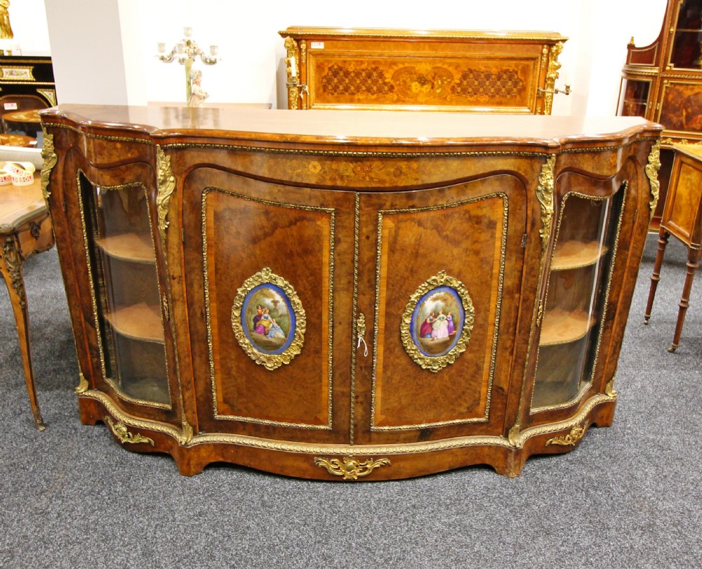 VICTORIAN BURR WALNUT & MARQUETRY INLAID FOUR DOOR CREDENZA WITH PORCELAIN PLAQUES  View II