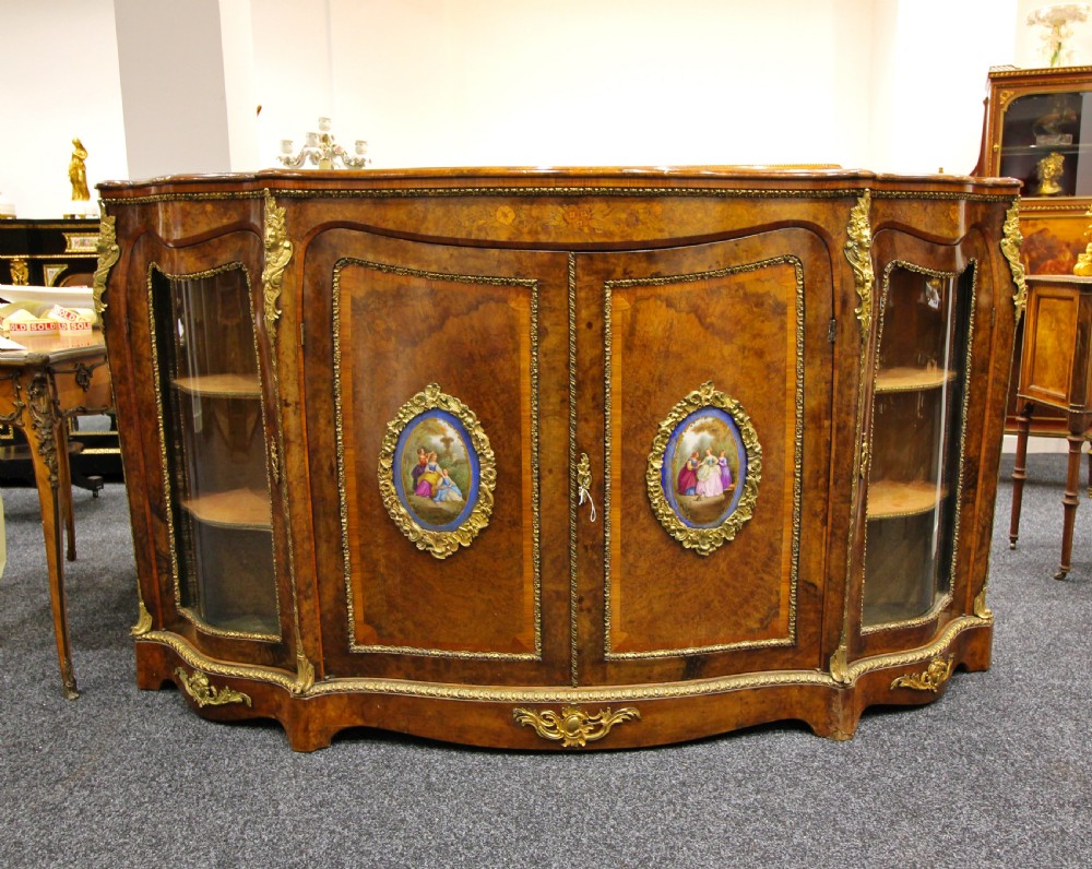 VICTORIAN BURR WALNUT & MARQUETRY INLAID FOUR DOOR CREDENZA WITH PORCELAIN PLAQUES  View III