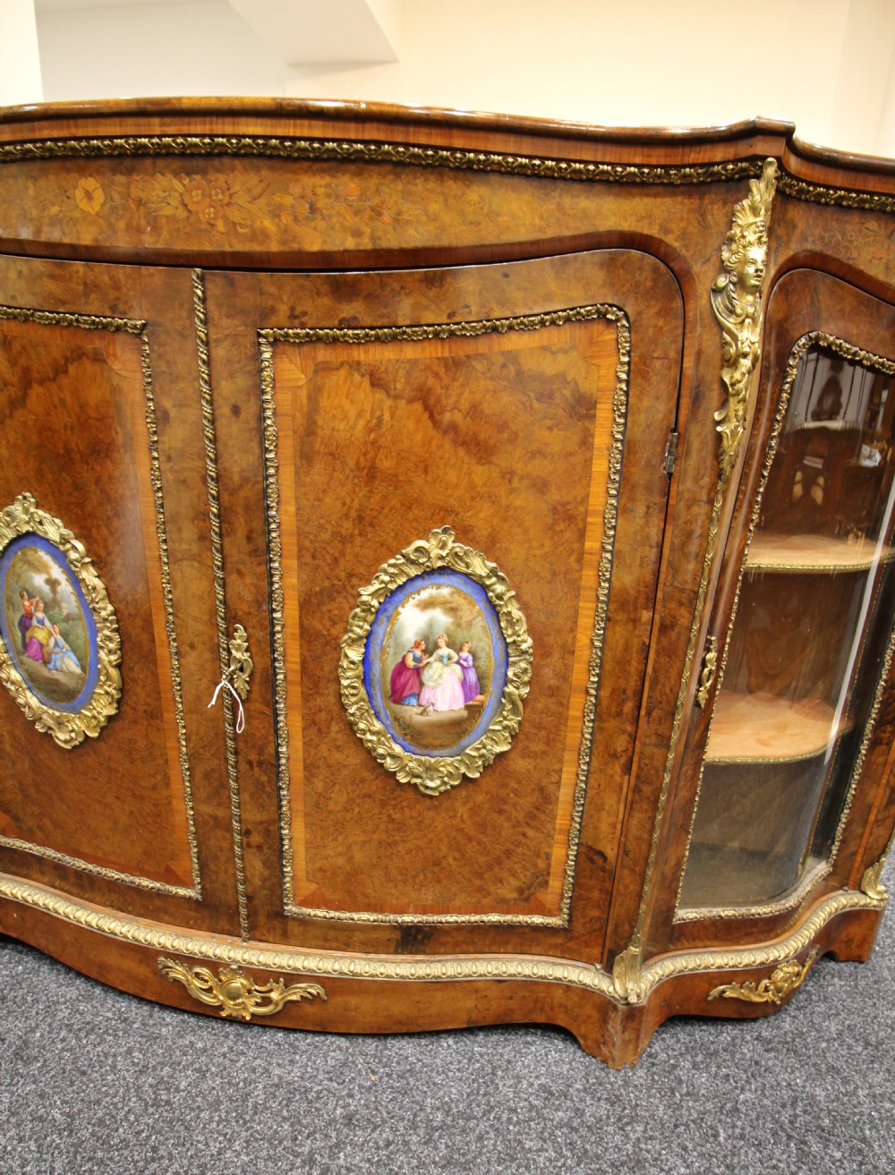 VICTORIAN BURR WALNUT & MARQUETRY INLAID FOUR DOOR CREDENZA WITH PORCELAIN PLAQUES  View IV