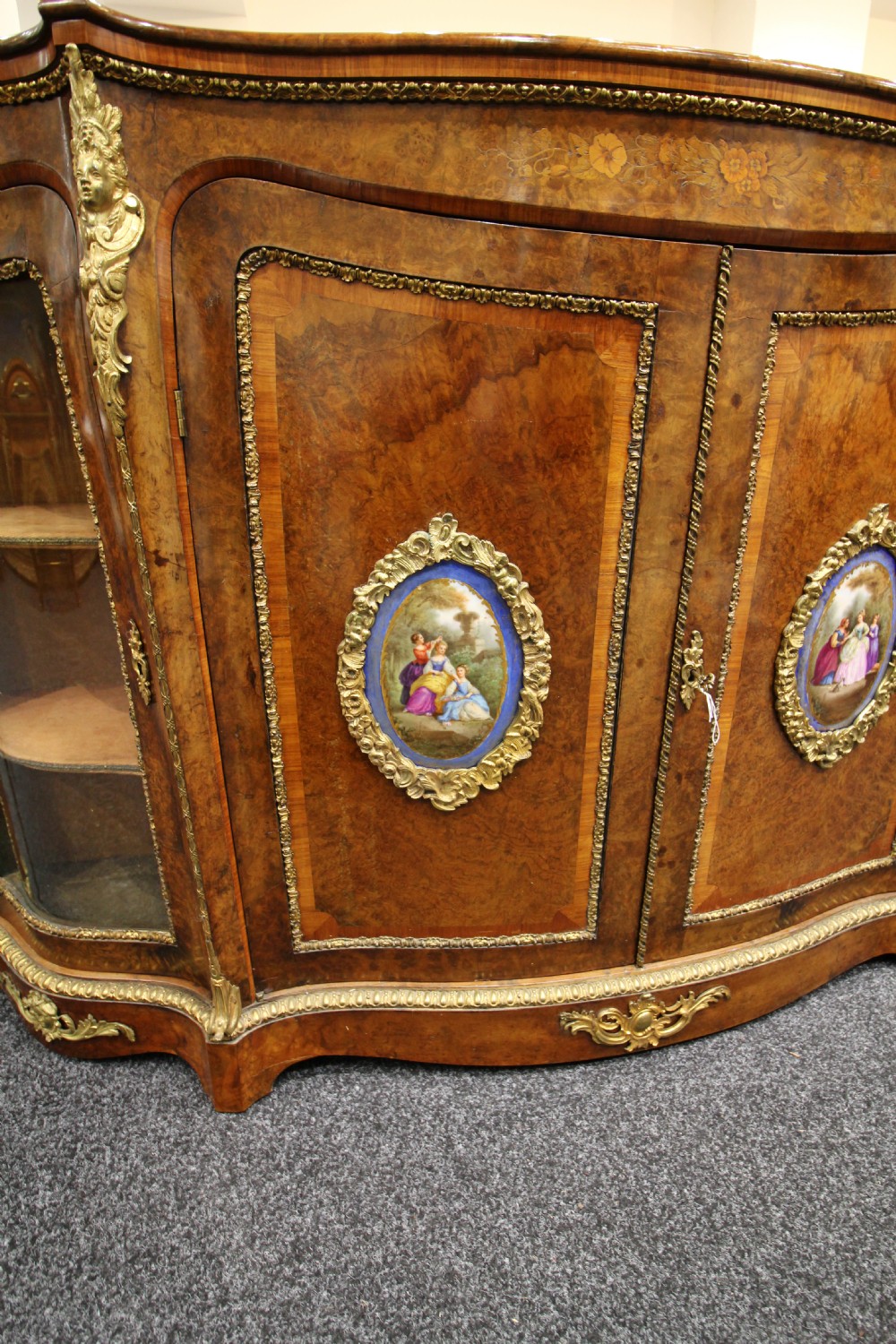 VICTORIAN BURR WALNUT & MARQUETRY INLAID FOUR DOOR CREDENZA WITH PORCELAIN PLAQUES  View V