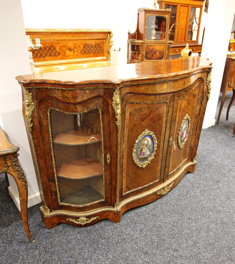VICTORIAN BURR WALNUT & MARQUETRY INLAID FOUR DOOR CREDENZA WITH PORCELAIN PLAQUES  View VI