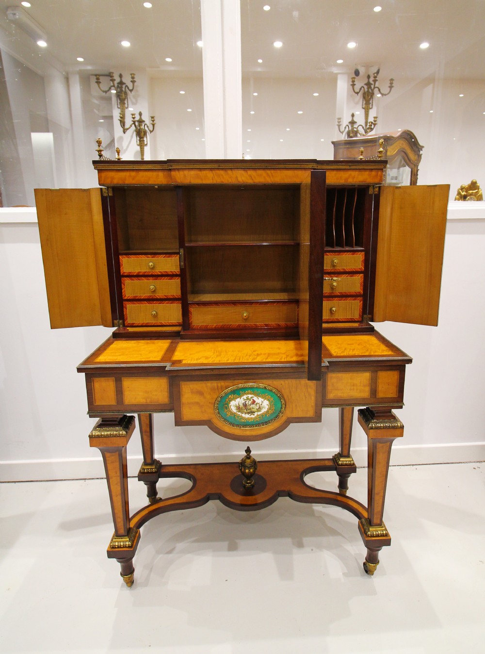 STUNNING QUALITY 19TH CENTURY SATINWOOD BONHEUR DU JOUR WITH PORCELAIN PLAQUES  View IV