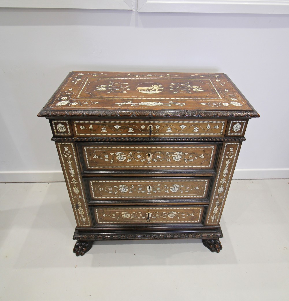 19TH CENTURY CARVED WALNUT & INLAID CHEST OF DRAWERS View II