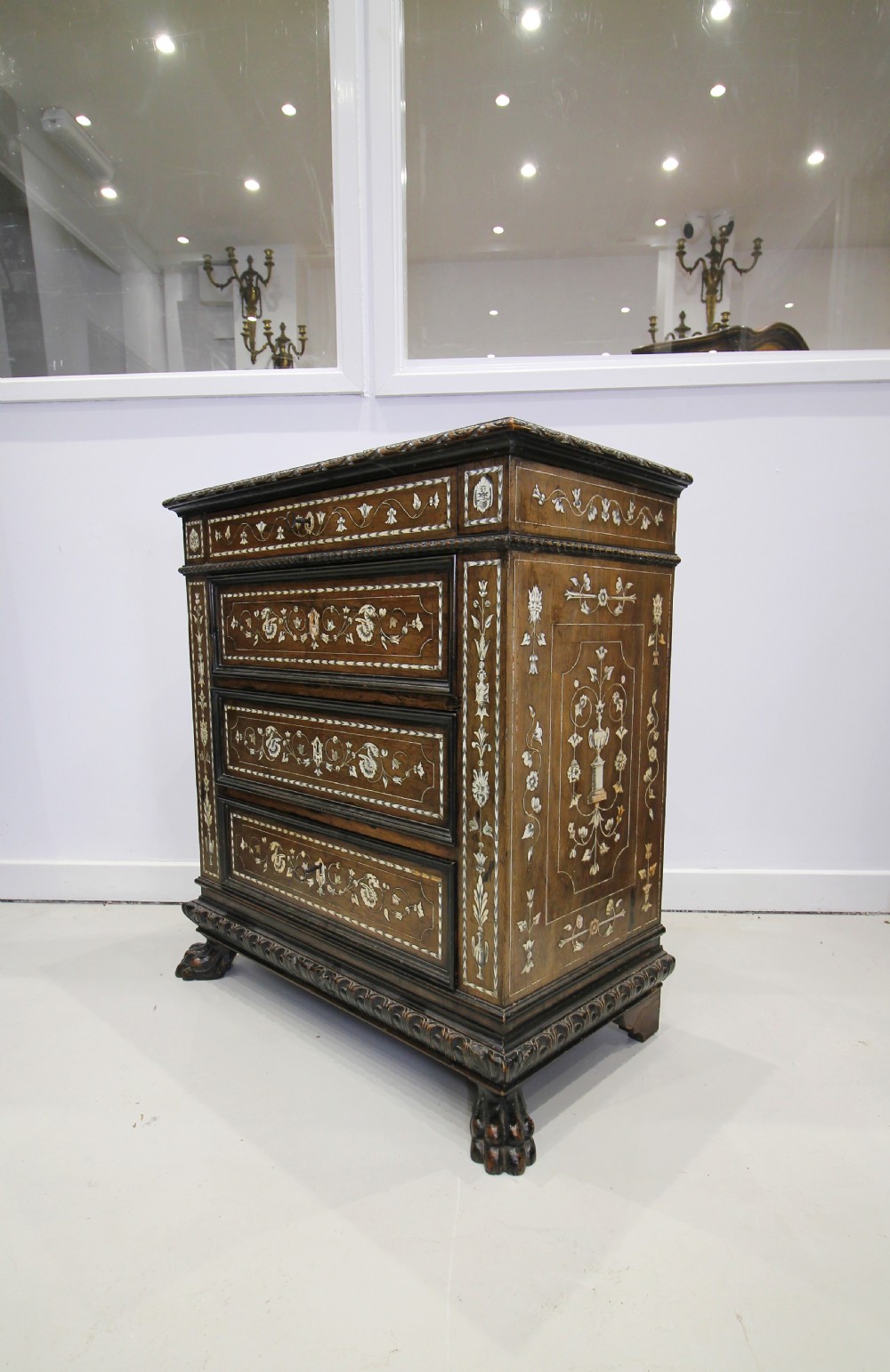 19TH CENTURY CARVED WALNUT & INLAID CHEST OF DRAWERS View IV