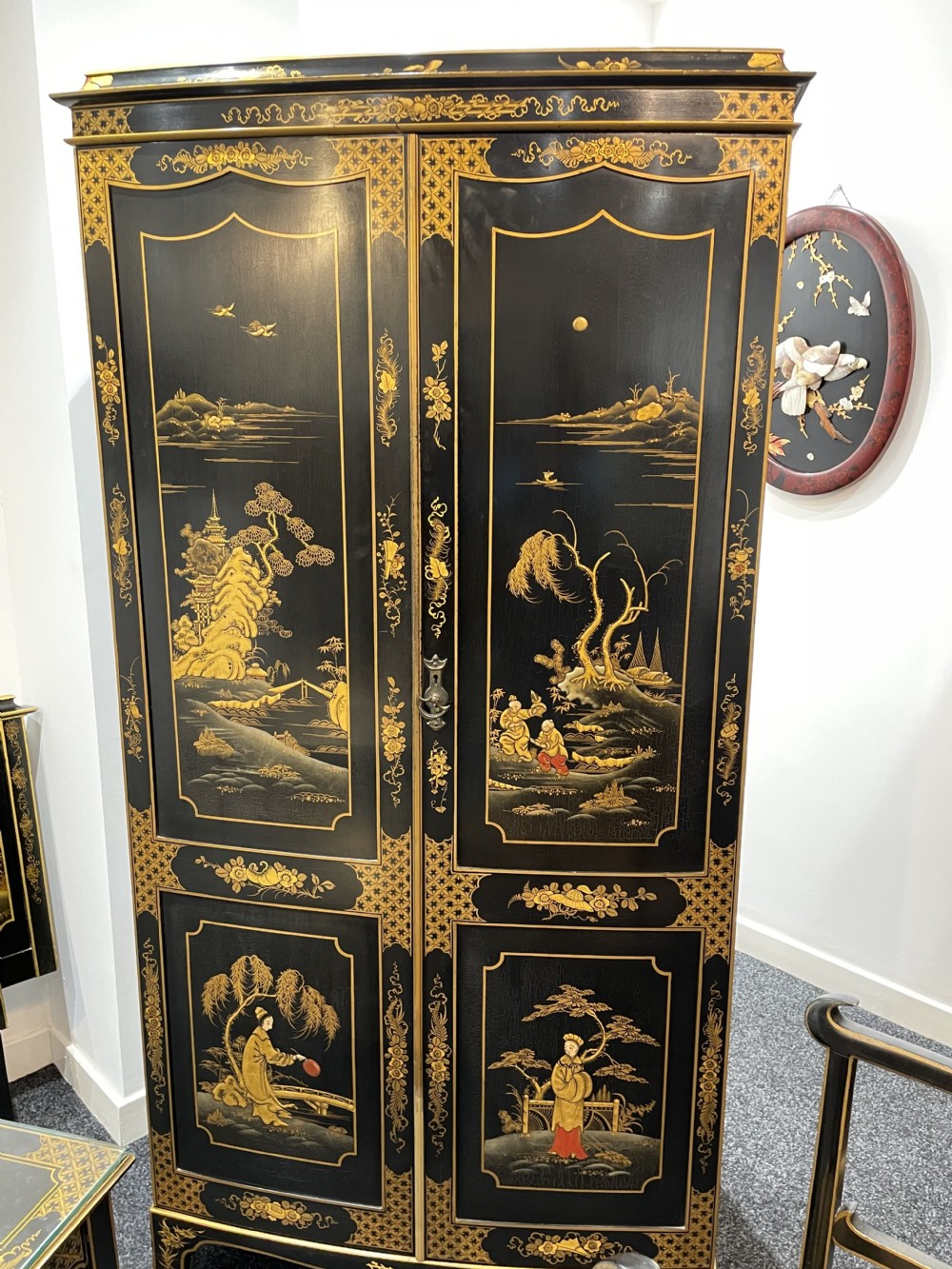 A stunning 11 piece black lacquered chinoiserie bedroom suite  View XIII