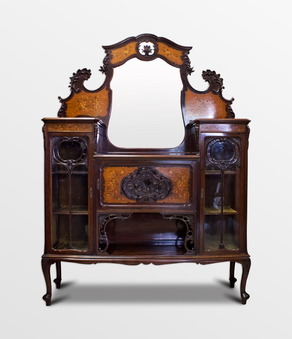 19TH CENTURY MAHOGANY & SATINWOOD MARQUETRY INLAID DISPLAY CABINET 