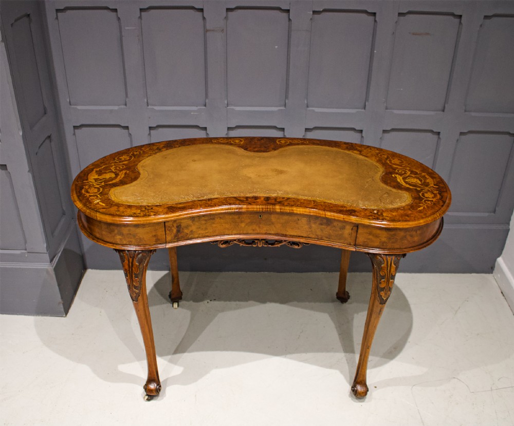 BURR WALNUT & MARQUETRY INLAID KIDNEY SHAPED DESK 