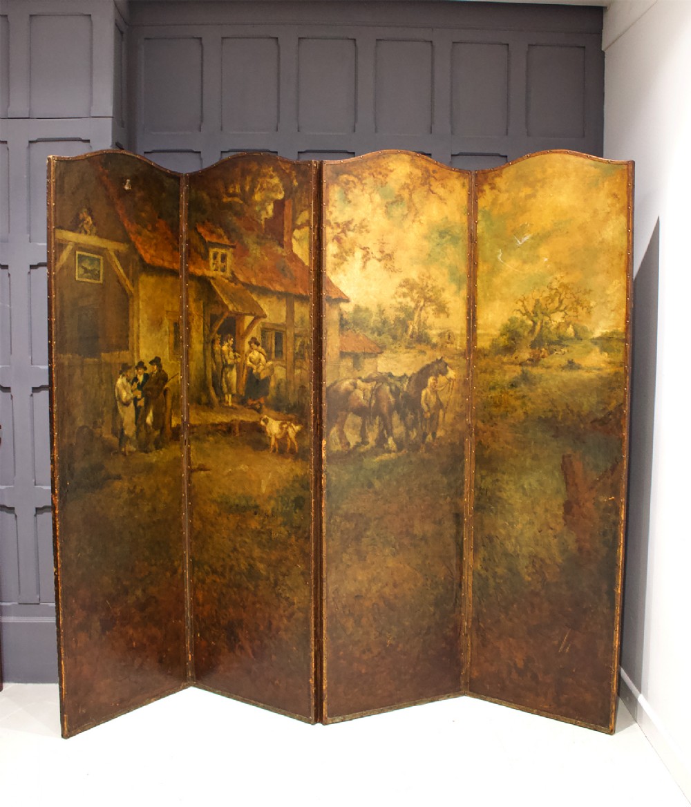 19TH CENTURY FOUR LEATHER PAINTED PANEL SCREEN